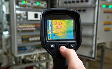 electrician use thermal imaging camera for overheating temperature inspection ща electrical equipment