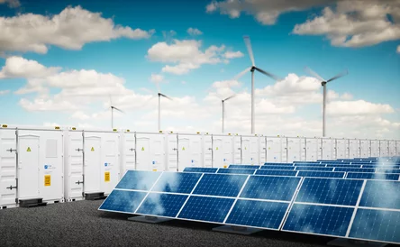 Concept of energy storage system. Renewable energy power plants - photovoltaics, wind turbine farm and battery container. 3d rendering.