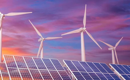 Sustainable and ecological energies. Solar panels and windmills that collect ecological energy