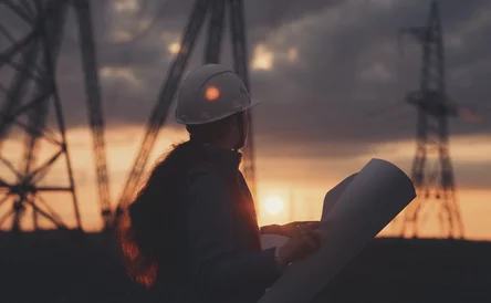 Woman wearing hardhat at sunrise