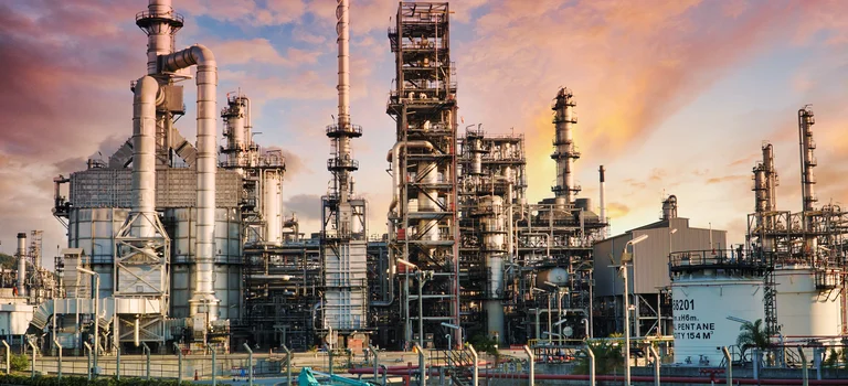 Petrochemical industry on sunset and Twilight sky, Power plant, Energy power station area.