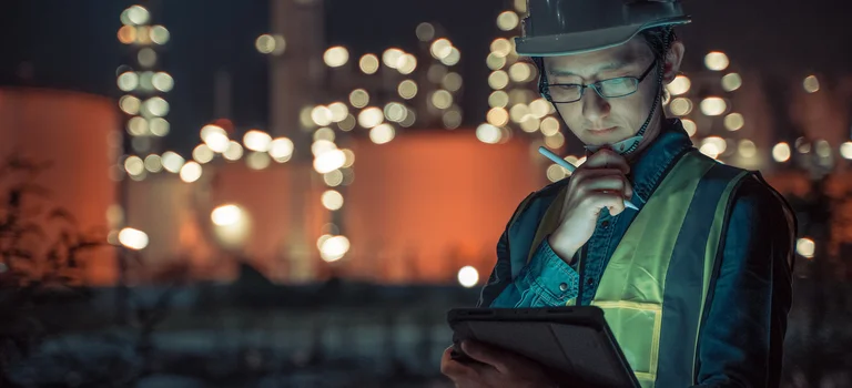 Engineer Petrochemical Asian man work late and hard with Smart tablet Inside the Refinery oil and gas Industry Factory at night