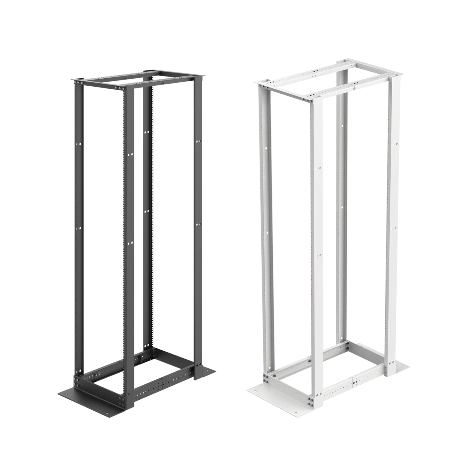 4-Post Open Frame Rack; Black; White; PHOTO RENDERING; CAD RENDERING; E4DR19FM38U; E4DR19FM45U; E4DR19FM51U; E4DRS19FM45U; E4DRS19FM51U; E4WR19FM45U; E4WRS19FM45U