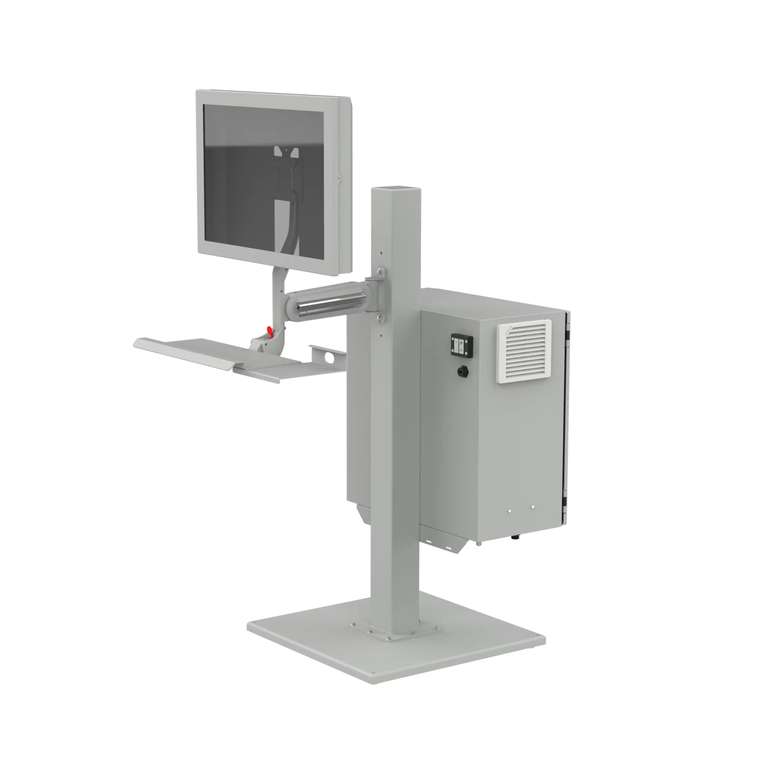 IWS242424DE1LG-FrtVwDrClosed;Industrial Computer Workstation; IWS242424DE1LG; RAL7035; Monitor Shield;Monitor Arm; Pedestal Base; photo rendering; CAD rendering