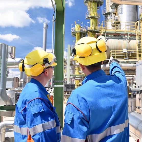 chemical industry plant - workers in work clothes in a refinery with pipes and machinery