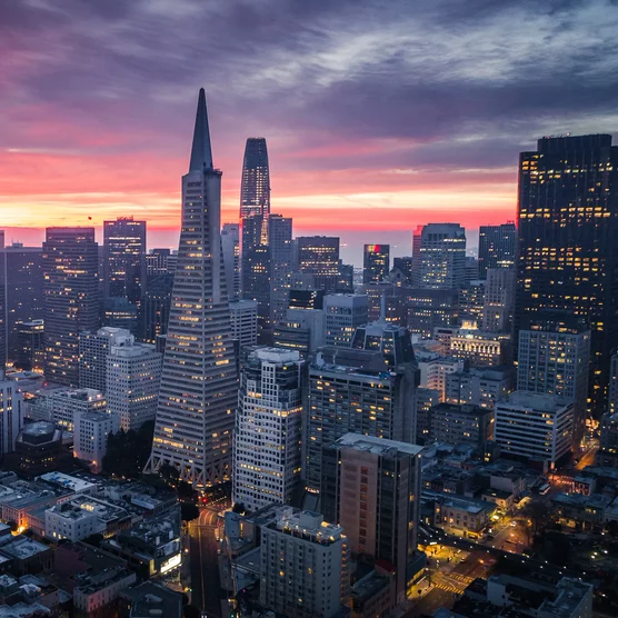San Francisco Skyline with Dramatic Clouds at Sunrise, California, USA