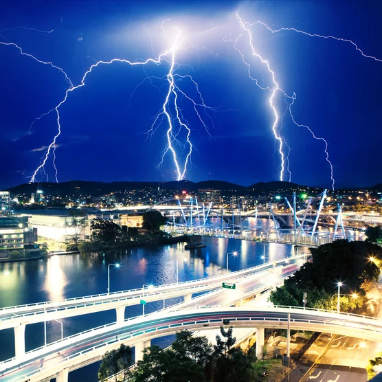 Multiple eletric lightning strikes over river in Brisbane, Queensland, Australia